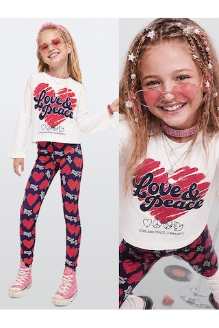 Deno Kids Denokids Kız Çocuk İkili Tayt Takım Kalpli Pamuklu T-shirt Ve Tayt Eğlenceli Tasarım 5-10 Yaş Çok Renkli