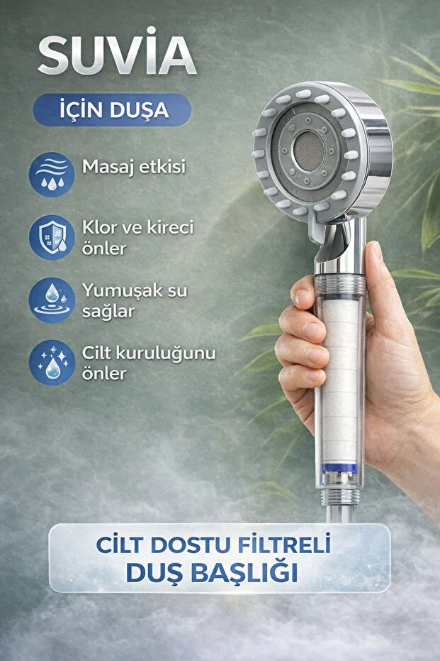 Filtreli Duş Başlığı Seti Hortumlu Yapışkanlı Mafsal Krom
