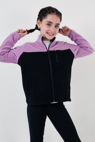 Lela Yumuşak Dokulu Fermuarlı Renk Bloklu Dik Yaka Cepli Hırka Unisex Çocuk Polar 5905001 Lila-Siyah