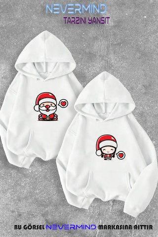Nevermınd Sevgili Çift Kombin Noel Baba Ve Noel Kız Yılbaşı Özel Kapüşonlu Sweatshirt 2'li Set Takım Beyaz Beyaz