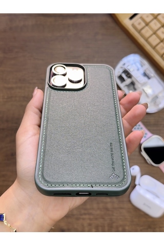 Apple iPhone 14 Pro Max Uyumlu Premium Deri Dokulu Darbelere Karşı Dayanıklı Nazal Silikon Kılıf Haki