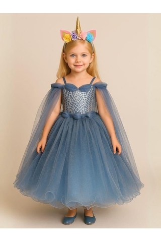 Kız Çocuk Omuzları Tül Detaylı Tarlatanlı Prenses Kostümü-16064 İndigo