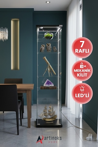7 Raflı Kilitli Ledli Cam Vitrin Dolap Gümüşlük Koleksiyon Sergi Kitaplık Kapaklı Büfe Mutfak Raflı Siyah