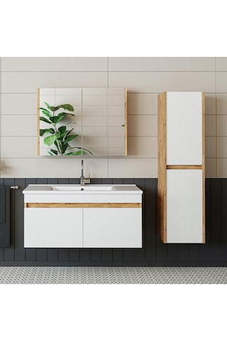 Roomart '' Lavabolu '' Atlantik-Beyaz Mat Mdf 100 Cm Banyo Dolabı Atlantik Çam - Beyaz