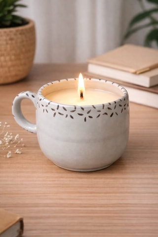 El Yapımı Fincan Mum - Vanilya Aromalı Mumluk 7.5x8 Cm Cogo Ceramic Beyaz - Gold - Siyah