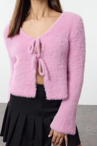 Ersefa Kadın Modern Tarz Regular V Yaka Crop Triko Hırka Pembe