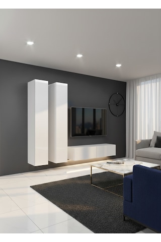 Mac Dizayn Fasalis Tv Ünitesi 2 Boy Dolaplı Parlak Beyaz