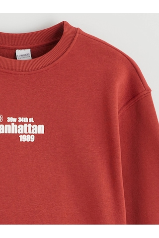 LC Waikiki Lcw Kids Kırmızı Bisiklet Yaka Baskılı Kız Çocuk Kalın Sweatshirt Dull Red