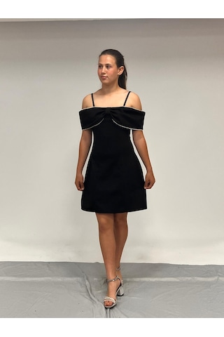 Siyah Fiyonk Detaylı Mini Abiye Elbise 10-16 Yaş Siyah