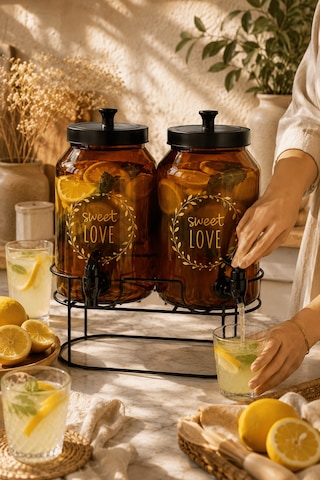 2'li Amber Cam İçecek Sebili Musluklu Standlı Limonata Dispenseri Sunumluk Set 4 L + 4 L