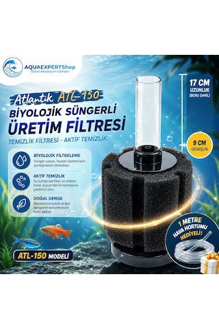 Atlantik Biyolojik Süngerli Üretim Filtresi - Temizlik Filtresi - Pipo Filtre - Aktif Temizlik - . 17x Cm - 1 Metre Hava Hortumu Hediye