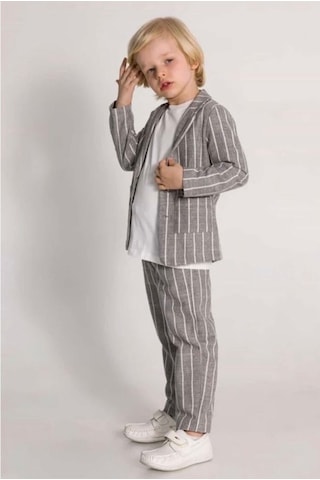 Ceketli 3 Lü Erkek Çocuk Takım Elbise Keten Pamuklu Ceket Pantalon Tişört Gri