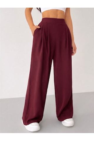 Genius Store Kadın Pantolon Scuba Krep Kumaş Beli Lastikli Cepli Pileli Geniş Paça Palazzo Pantolon Scuba-crep Bordo