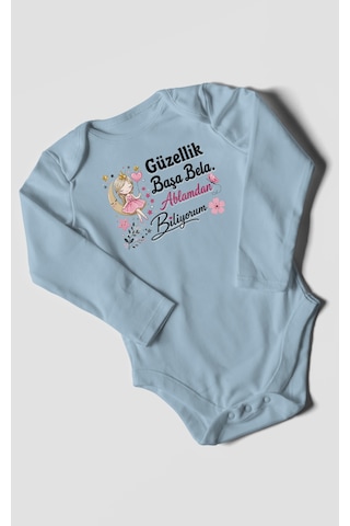 Morivokids Güzellik Başa Bela Ablamdan Biliyorum Uzun Kollu Bebek Body %100 Pamuk Bebe Mavisi