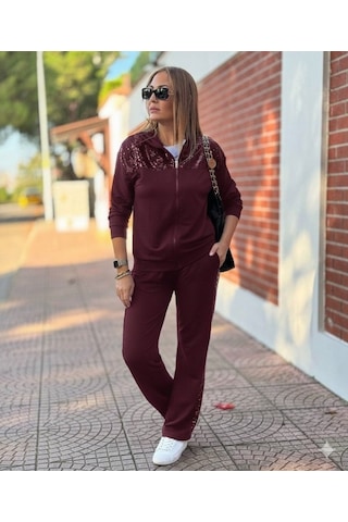 Hazego Kadın Uzun Kollu Önden Fermuarlı Pul Payetli Alt Üst Viskon Iki Iplik Takım Bordo