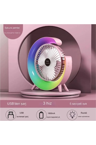 Masaüstü Vantilatör Usb Şarjlı Rgb Led Işıklı 3 Kademeli 180 Ayarlanabilir Soğutucu Fan Pembe - 9089572426389ynt