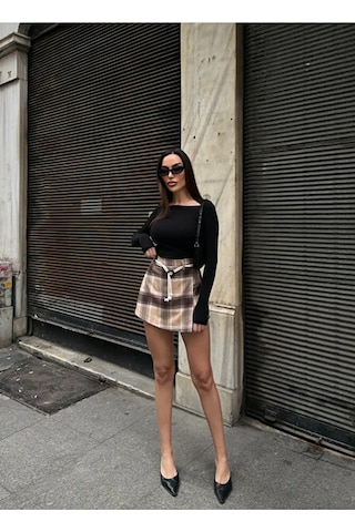 Caddebostan Moda Nido Moda Ekose Desenli Kemer Detaylı Mini Şort Etek Çok Renkli