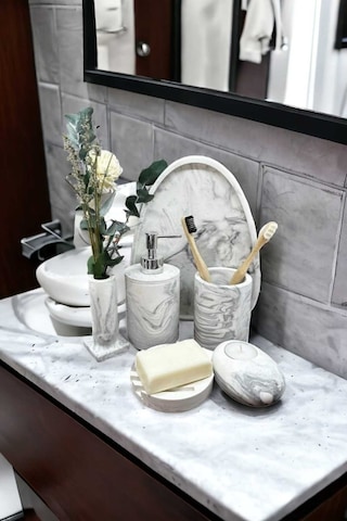 6'lı Mermer Desen Beton Banyo Seti,sabunluk,diş Fırçalığı,aksesuar,mumluk,tütsülük,tepsi,dekorasyon Gri