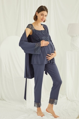 Burdagel Monamise Kadın Lacivert Hamile Lohusa Sabahlıklı Pijama Takım 182