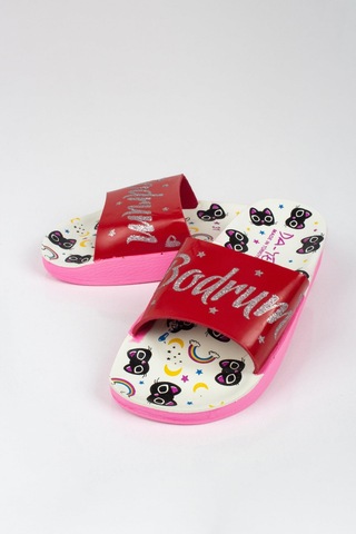 Kız Çocuk Minik Kedi Temalı Bodrum Yazılı Terlik-5792-kırmızı Kırmızı
