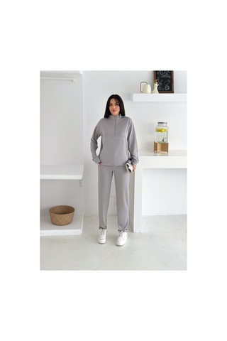 Gugus Kadın Yarım Fermuarlı Model Beli Lastikli Dar Paça Eşofman Takımı Gri