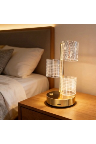 Masa Lambası 3 Parça Silindirik Kristal Ekose Kareli Led Gövdeli Dokunmatik 3 Kademe Işık Ayarlı Şarj Edilebilir Dekor Amaçlı Lamba Gold .