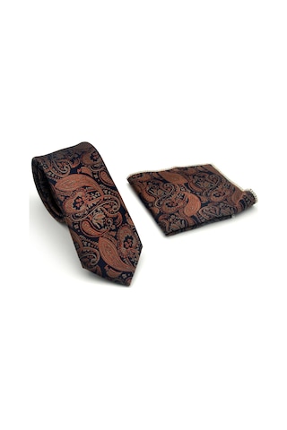 Gaffy Kahverengi Şal Desenli Lacivert Dokuma Kumaş Mendilli Slim Fit Kravat // Sdk-2607-5 Kahverengi