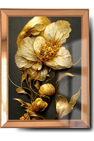 Ayna Çerçeveli Cama Baskılı 3d Çiçek Cam Gold Siyah Detaylı Tablo