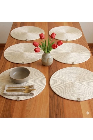 6 Lı Gri Makrome Supla Takımı 32 Cm - Lüks Örgü Amerikan Servis & Tabak Altlığı Açık Krem