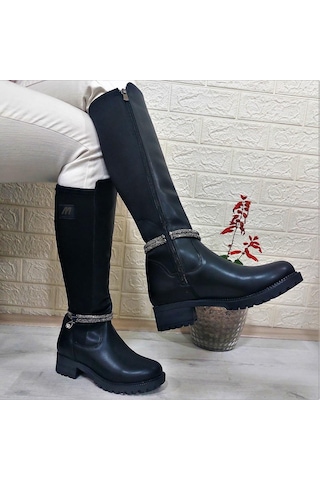 M.p 2753 Siyah Taşlı Ligralı Fermuarlı 45cm Bayan Çizme 001