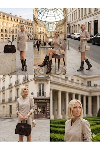 Luxury Collectrion Italyan Kesim Kruvaze Ceket - Etek Takım - Bej - L - St01127-bej-l