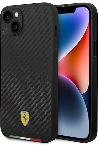 İphone Uyumlu 14 Plus Kılıf Ferrari Lisanslı Magsafe Uyumlu Karbon İtalyan Bayrak Dizayn Kapak Siyah