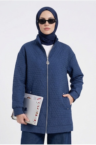 Armine Trend Kabartma Desenli Fermuarlı Cepli Ceket Lacivert 26yt537