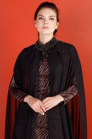 Bakır - Yakası Taşlı Şifon Pelerinli Abiye Elbise Bakır