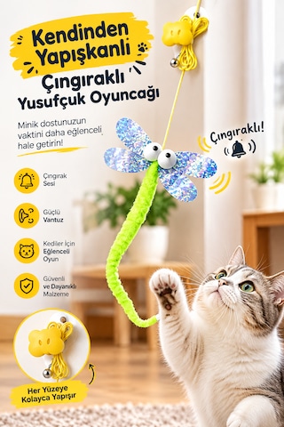 Kendinden Yapışkanlı Çıngıraklı Elastik Kedi Oyuncağı Yusufçuk Peluş Kuyruk