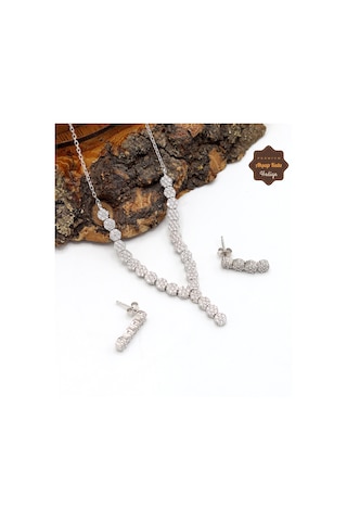 Zirkon Taşlı Yuvarlak Model 925 Ayar Gümüş İkili Set 201024691 Gümüş