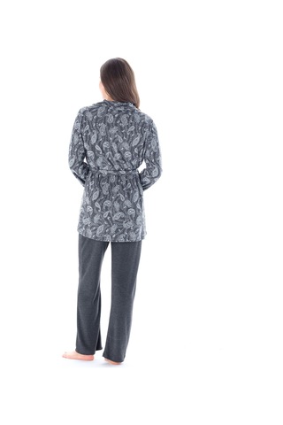 Feyza Pijama Kadın Yakası Düğmeli Belden Bağlamalı Şal Desen Jakarlı 3'lü Pijama Takımı Antrasit