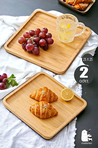 2 Adet Gourmet Kare Bambu Kahvaltı Tabağı Pasta Servis Sunum Tepsi İkramlık Ahşap Tabak 25x25 Seti