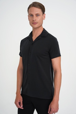 Efor Slim Fit Apaş Yaka Modal Karışımlı Kısa Kol Siyah Gömlek G 1590 Siyah