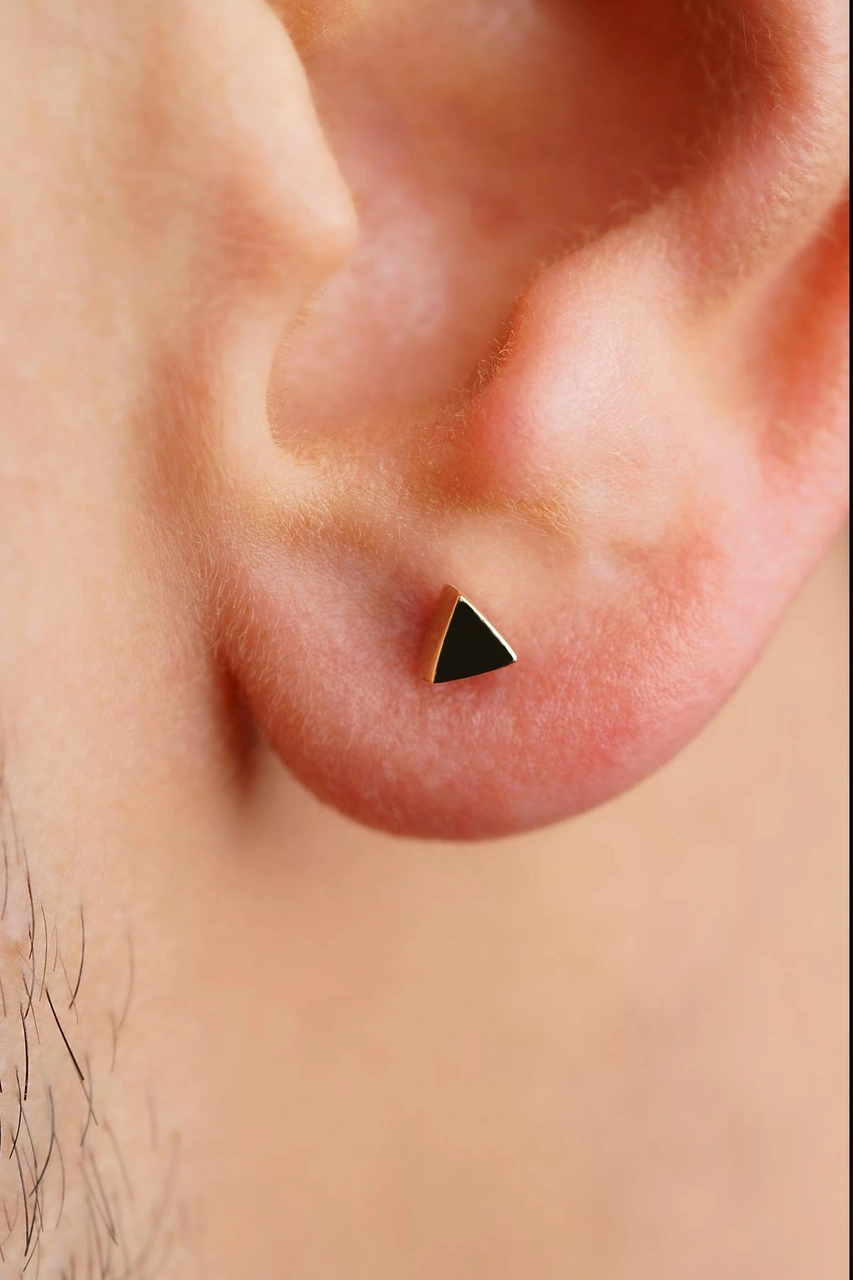 14 Ayar Altın Mini Üçgen Küpe Erkek Kp3418-e Beyaz Altın