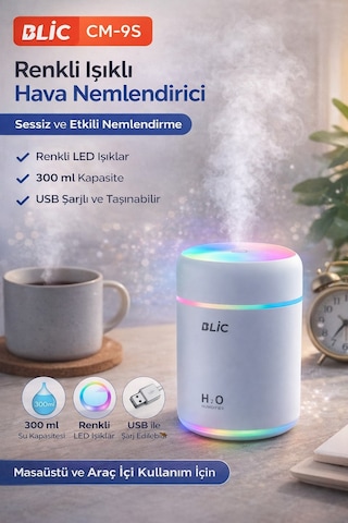Blic Cm-9s Renkli Işıklı Hava Nemlendirici 300 Ml Usb Şarjlı Mini Masaüstü Nemlendirici
