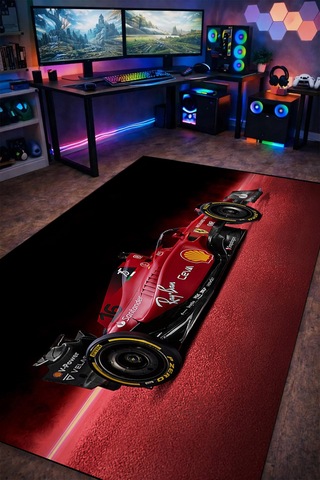 Formula 1 Kırmızı Yarış Arabası Halı Kaymaz Taban Yıkanabilir Salon Halısı F1.10