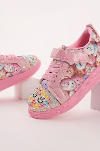 Muggo Smile Taş Detaylı Desenli Cırtlı Kız Çocuk Işıklı Günlük Sneaker Spor Ayakkabı Pudra