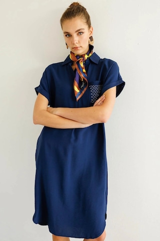 Desen Triko Kadın Polo Yaka Cebi Zincir Detaylı Elbise 25819 Indigo Indigo
