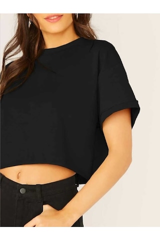 Crop Bisiklet Yaka Örme T-shirt Siyah