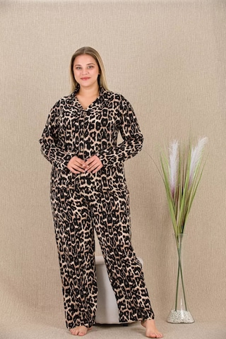 Naam Büyük Beden Leopar Desenli Düğmeli Uzun Kol Viskon Pijama Takımı Çok Renkli