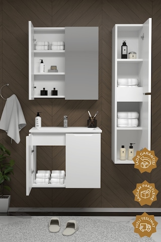 Teta Home Astana 80 Cm Mdf Gövde Membran Kapak Banyo Dolabı Seti + Boy Dolabı Beyaz