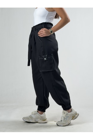 Cocopelli Siyah Kadın Bol Kesim Kargo Cepli Jogger Pantolon Coc3322