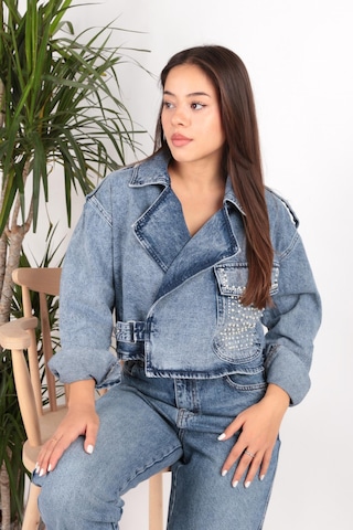 Lacarino 7660 Taşlı Kadın Jean Ceket Dark Blue Taşlı