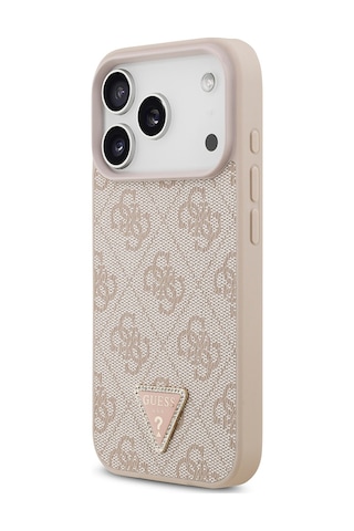 Apple iPhone Uyumlu 18 Pro Kılıf Guess Lisanslı M-safeli Pu Deri Taşlı Üçgen Logo 4g Desenli Strass Kapak Pembe